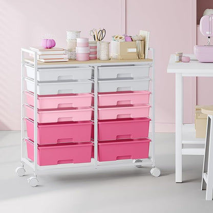 Rolling Storage Cart with 12 Drawers, Wooden Tabletop Utility Cart - Image 2