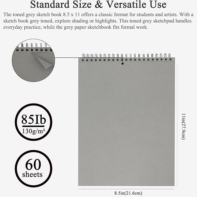 Fuxi Toned Gray Sketchbook 8.5x11, 60 Sheets Spiral Bound, Artist Sketch Pads - Image 2