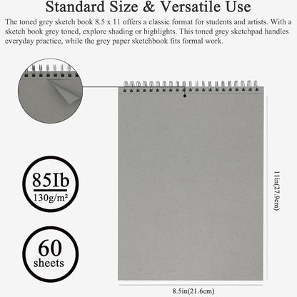 Fuxi Toned Gray Sketchbook 8.5x11, 60 Sheets Spiral Bound, Artist Sketch Pads - Image 2