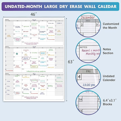 Dry Erase Vertical Three Month Laminated jumbo Wall Calendar, 46 x 63, Huge - Image 3