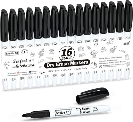 Shuttle Art Dry Erase Markers, 16 Pack Black Whiteboard Markers, Fine Tip Dry by ShuttleArt