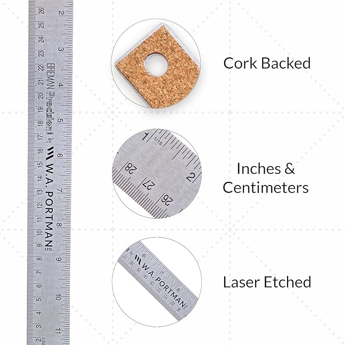 Breman Precision Metal Ruler 12 Inch Cork Back – 10 Pk Stainless Steel Straight - Image 2