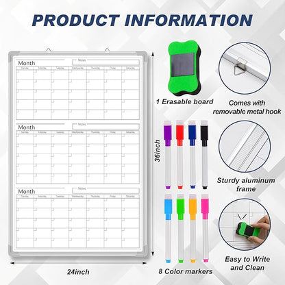 Lincia 36" x 24" Magnetic Vertical 3 Month Dry Erase Calendar - Image 2
