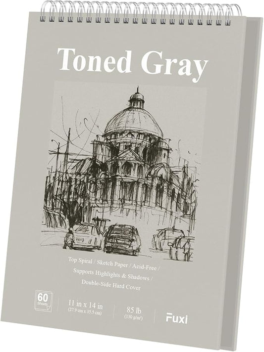 Fuxi Toned Gray Sketchbook 11x14, Large Drawing Pad, 60 Sheets Spiral Bound by SketchBook