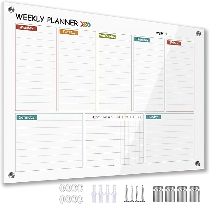 Glass Weekly Dry Erase Board for Wall 16"X 12", Colorful Weekly Calendar by Marribol