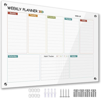 Glass Weekly Dry Erase Board for Wall 16"X 12", Colorful Weekly Calendar by Marribol