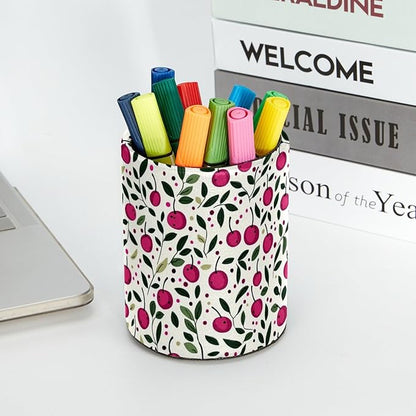 Leather Pen Holder for Desk, Cherry Pattern Pencil Cup Desktop Organizer Makeup - Image 5