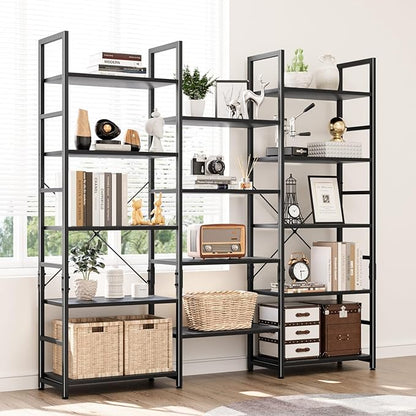NUMENN Triple Wide 5 Tier Bookshelf, Rustic Industrial Style Bookcases and - Image 2
