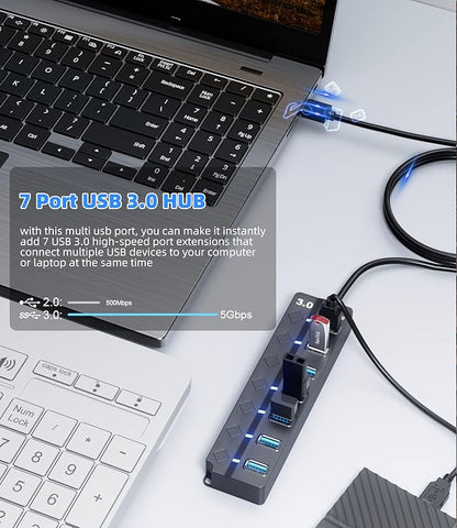 USB 3.0 Hub, PANPEO 7-Port USB Data Hub Splitter - Image 3