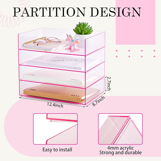 Harloon 4 Tier Acrylic Paper Tray 12.4 x 8.7 x 2.7 Inches Stackable Letter - Image 2