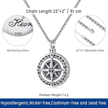 Compass Necklace for Women Men 925 Sterling Silver Pendant Urn Necklaces for - Image 3