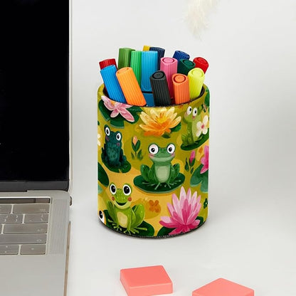Leather Pen Holder for Desk Funny Frogs Pencil Cup Desktop Organizer Makeup - Image 5