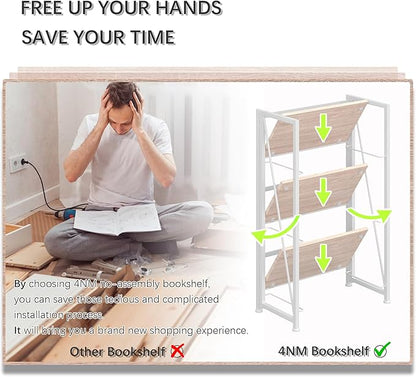 4NM No Assembly Folding Bookshelf Storage Shelves 3 Tiers Vintage Bookcase - Image 6