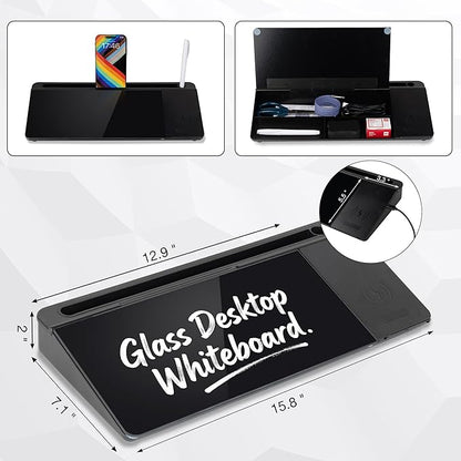 Glass Desktop Whiteboard with Wireless Charger & Storage, Desk Dry Erase Note - Image 3