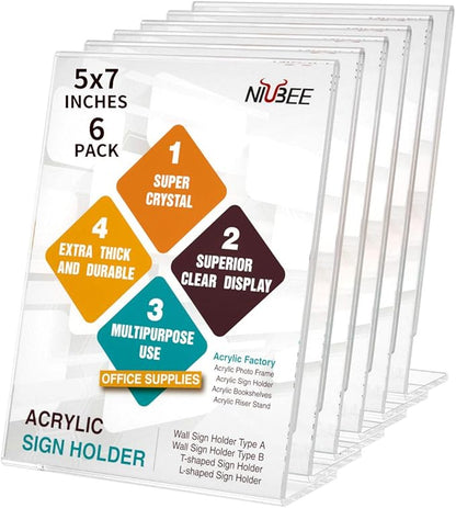 NIUBEE 6Pack Slant Back Acrylic Sign Holder 5x7 inches, Desktop Flyer Holder by NIUBEE
