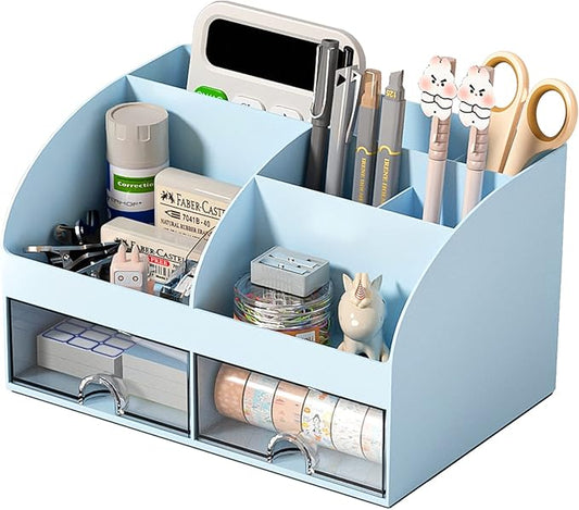 Desk Organizer with 6 Compartments and 2 Drawers, Plastic Makeup Organizer by COMFYROOM