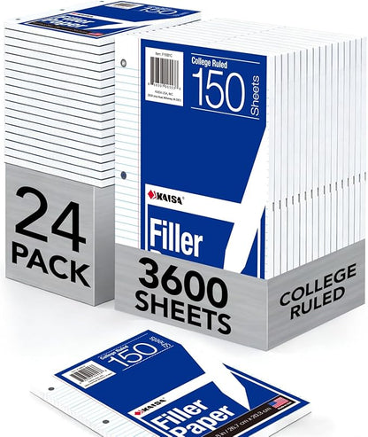 Kaisa Notebook Paper 24 Pack 8x10.5 3600 sheets College Ruled Loose Leaf Paper by KAISA