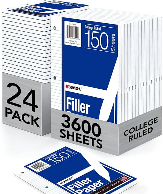 Kaisa Notebook Paper 24 Pack 8x10.5 3600 sheets College Ruled Loose Leaf Paper by KAISA