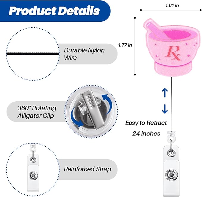 Funny Pink RX Nurse Badge Reel, Cute Pharmacy Tech Mortar and Pestle - Image 2