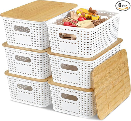 6 Pack Storage Bins with Bamboo Lids, Plastic Storage Baskets and Storage by EasyCozyHomey