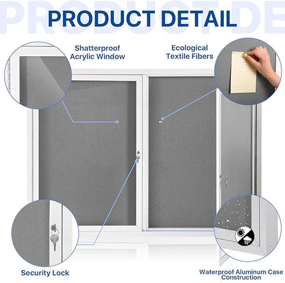 SWANCROWN Weather Resistant Enclosed Bulletin Board Gray Fabric Displays Boards - Image 3
