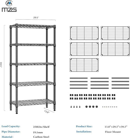 M MZG 1250 lbs 5 Tier Shelf Metal Storage Shelves Shelving Wire Rack Heavy Duty - Image 3