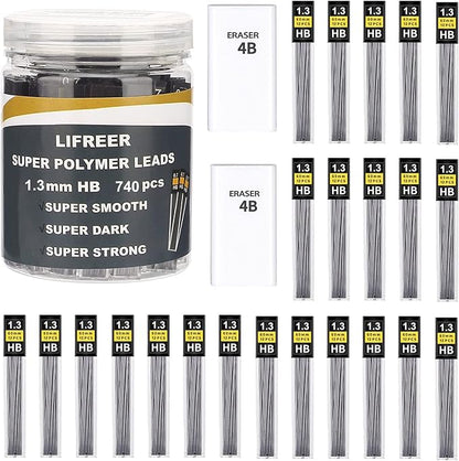 Lifreer 1.3mm Unbreakable Pencil Refills, 2 Premium Erasers, Long Lasting HB by Lifreer