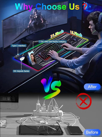 XXL Mouse Pad with Phone Holder, RGB Desk Mat with 15W Fast Charging, LED Large - Image 2