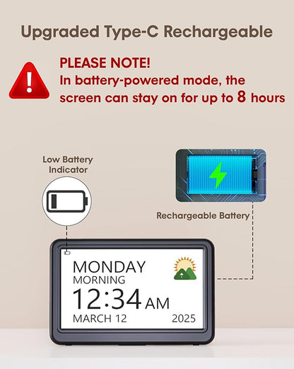 Clock with Day and Date for Elderly Battery Operated, Rechargeable Digital - Image 4