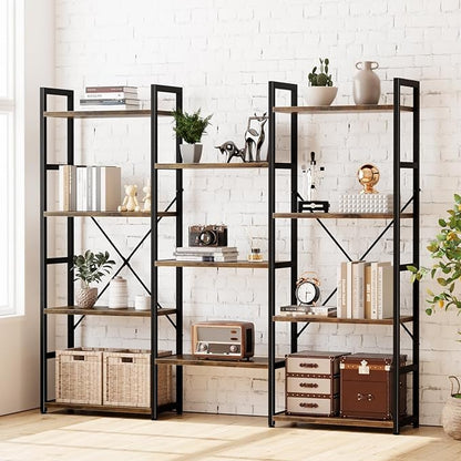 NUMENN Triple Wide 4 Tier Bookshelf, Adjustable Rustic Industrial Style - Image 2