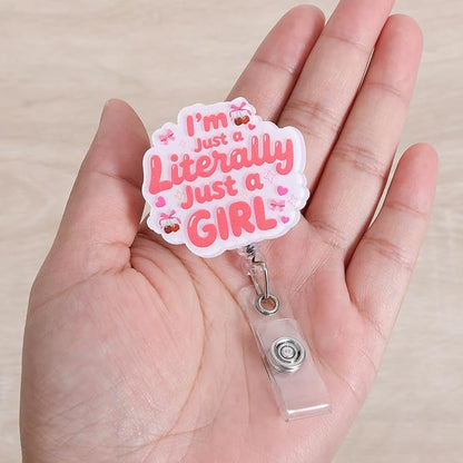 I’m Literally Just a Girl Funny Badge Reel | Cute Bow Retractable ID Card Badge - Image 2