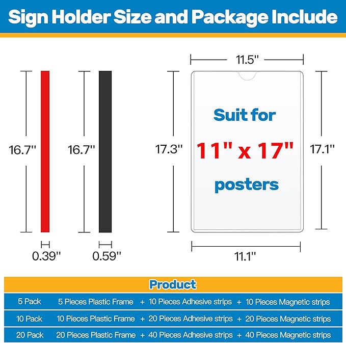 Magnetic Frames 11 x 17 Sign Holder Wall Mount 10 Pack, Rigid Clear Plastic - Image 4