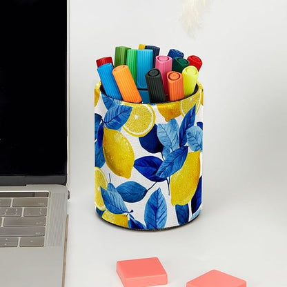 Leather Pen Holder for Desk Lemons Blue Leaves Pattern Pencil Cup Desktop - Image 5