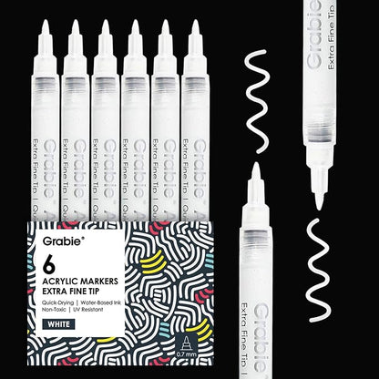 Grabie 6 White Extra Fine Tip Acrylic Paint Marker Set, 6 Pack, 0.7mm Acrylic by Grabie