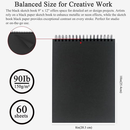 Fuxi Black Paper Sketchbook 9x12, 60 Sheets（90lb/150gsm） Hardcover Spiral Bound - Image 2