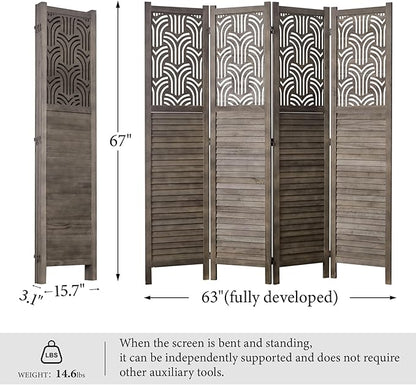 Svimi Folding Room Divider, 66.9 Inch 4 Panels Wood Carved Privacy Screens - Image 5