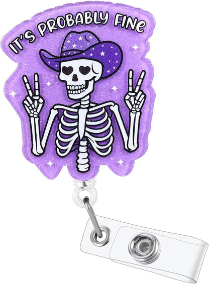 It's Probably Fine Funny Cowboy Skeleton Nurse Badge Reel, Cute Radiology X-ray by LINAYOHA