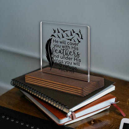 Christian Bible Verse Desk Sign, Psalm 91:4 Feather Wings Inspirational - Image 2