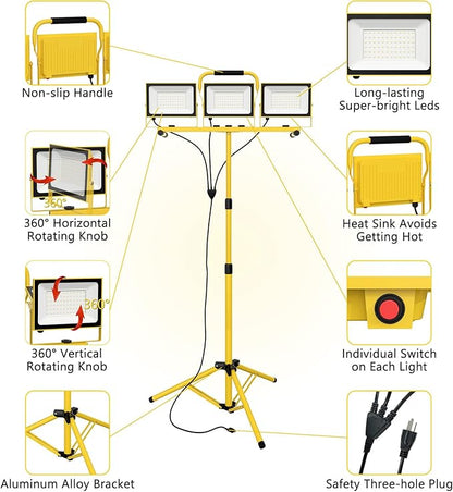21000 Lumens Work Lights with Stand, 3 Head Portable LED Work Light, IP65 - Image 2