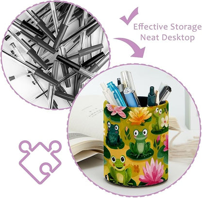 Leather Pen Holder for Desk Funny Frogs Pencil Cup Desktop Organizer Makeup - Image 4