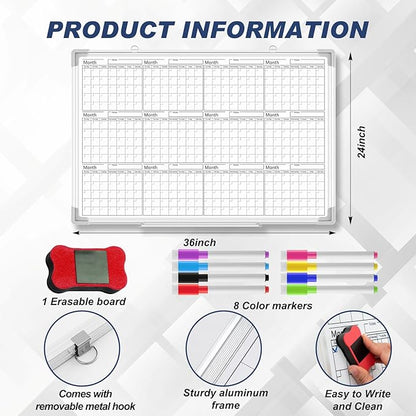 Lincia 36" x 24" Magnetic Horizontal Yearly 12 Month Dry Erase Calendar - Image 2