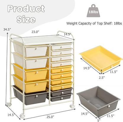 COSTWAY 15 Drawer Rolling Storage Cart, Utility Tools Paper Organizer on Wheels - Image 3