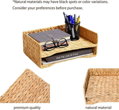 PINXIURY 2-Tier Water Hyacinth Letter Tray – Woven Paper & Mail Organizer - Image 5