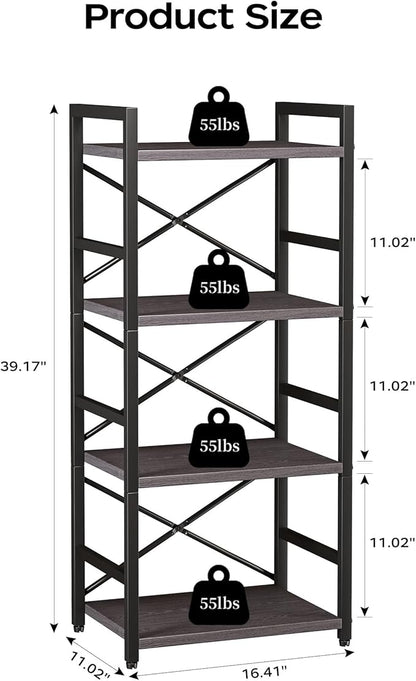 Homeiju Grey Bookshelf, 4 Tier Small Bookcase - Image 3