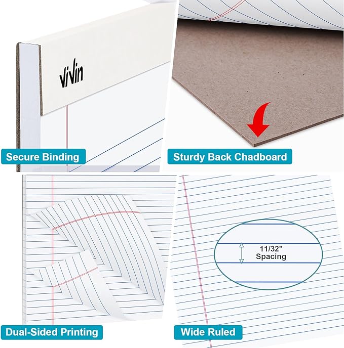 ViVin Legal Pads 8.5 x 11 Inch, Wide Ruled Note Pads, 12 Pack, 50 Sheet/Pad - Image 3