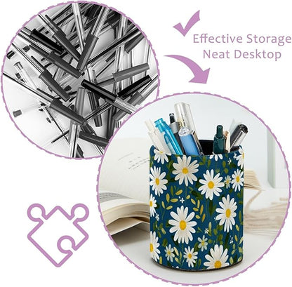 Leather Pen Holder for Desk Small Daisies Leaf Pencil Cup Desktop Organizer - Image 4