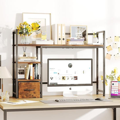 Desk Shelf with Drawer, 41.3" Desktop Organizer Shelf, Desk Hutch - Image 2