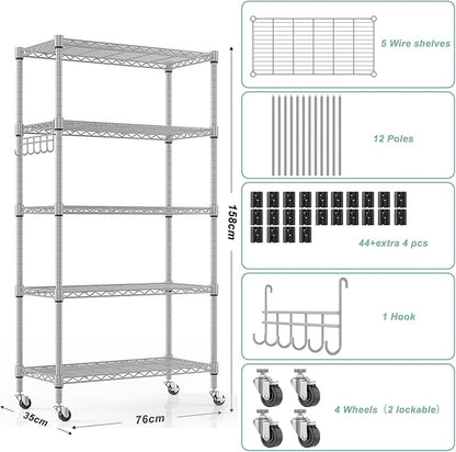 Himimi 5-Tier Storage Shelf Wire Shelving Unit on Wheels, Adjustable Heavy Duty - Image 4