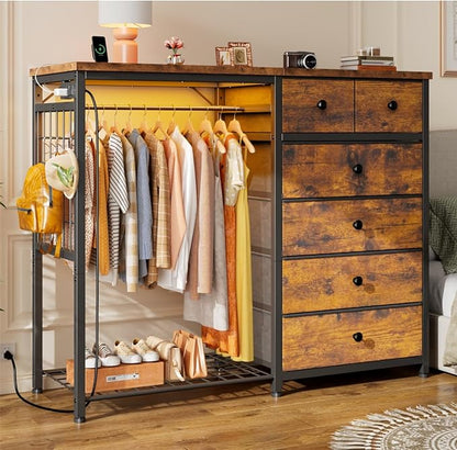 EnHomee 49.2" W Dresser with Hanging Rack & 6 Fabric Drawers – Wooden Top by EnHomee