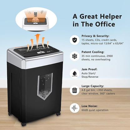 Bonsaii 15-Sheet Cross-Cut Paper Shredder, Heavy-Duty Office Use, 35-Min - Image 6